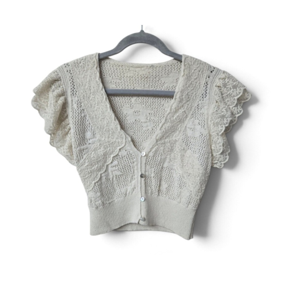 Zara Vintage Style Cream Crochet Lace Flutter Sleeve Cropped Cardigan Top Ivory